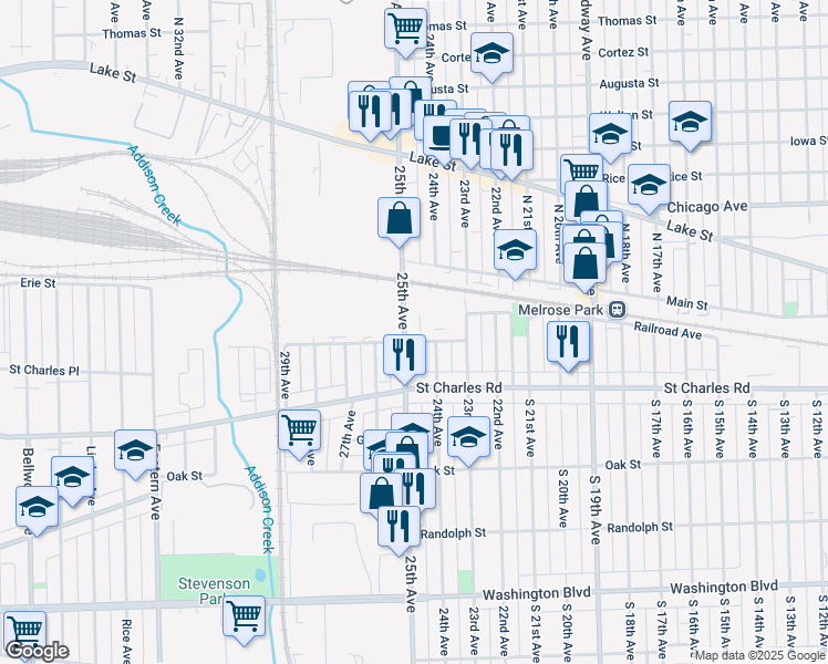 map of restaurants, bars, coffee shops, grocery stores, and more near 206 25th Avenue in Bellwood