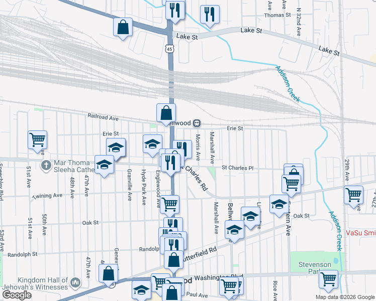 map of restaurants, bars, coffee shops, grocery stores, and more near 3915 Saint Charles Place in Bellwood