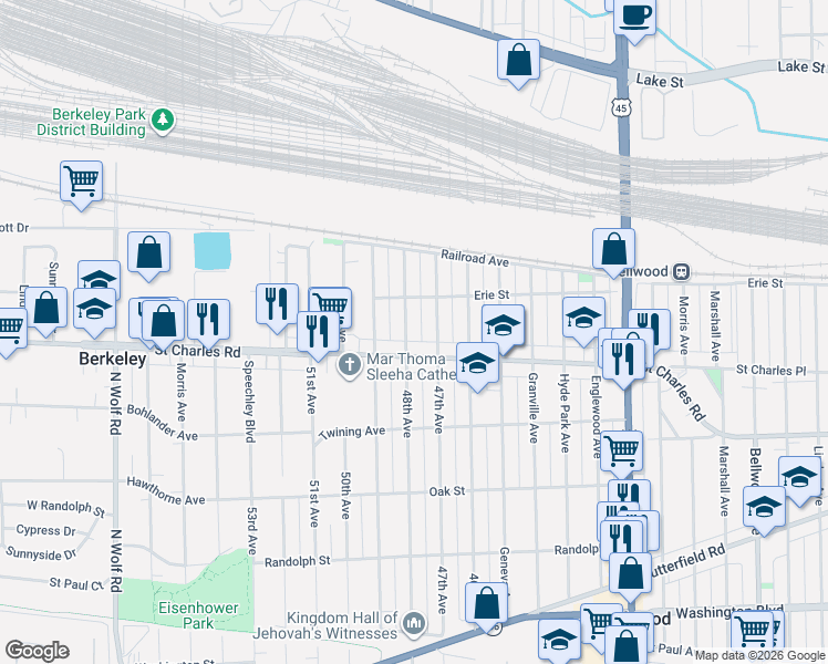 map of restaurants, bars, coffee shops, grocery stores, and more near 4703 Saint Charles Road in Bellwood