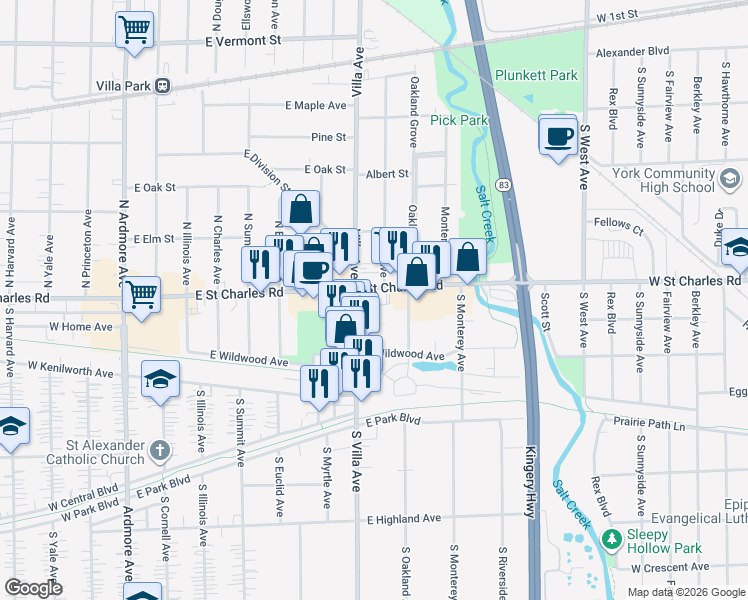 map of restaurants, bars, coffee shops, grocery stores, and more near 33 South Villa Avenue in Villa Park