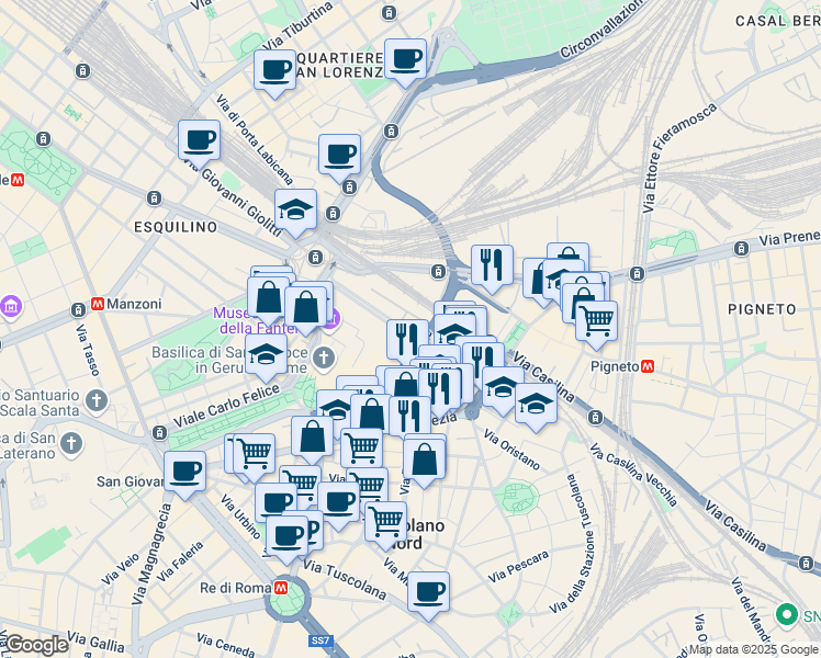 map of restaurants, bars, coffee shops, grocery stores, and more near 52-74 Via Casilina in Rome