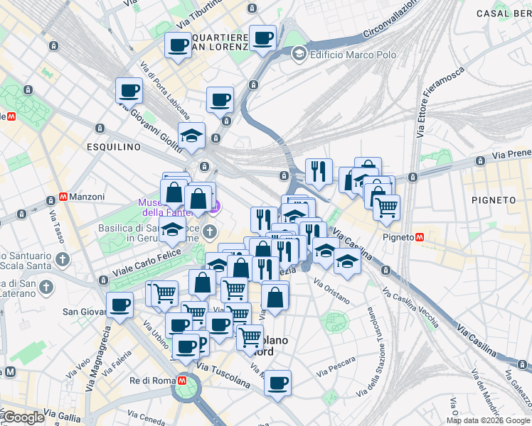 map of restaurants, bars, coffee shops, grocery stores, and more near 52-74 Via Casilina in Rome