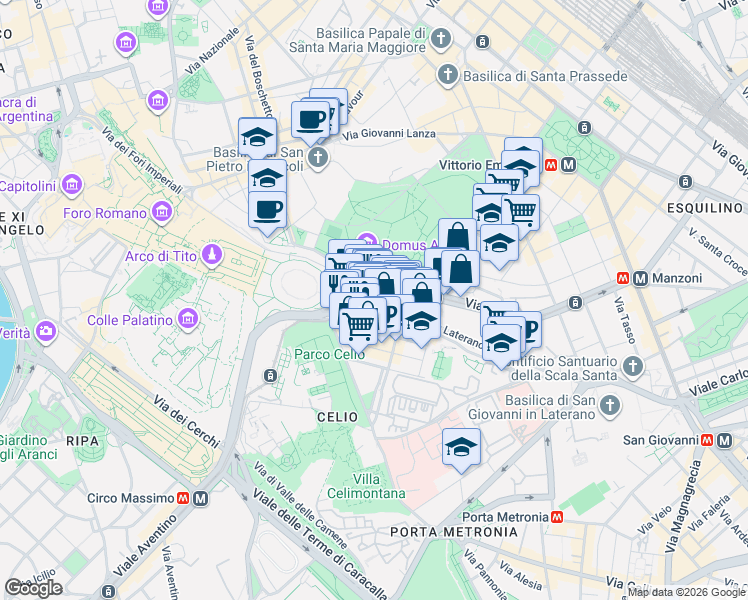 map of restaurants, bars, coffee shops, grocery stores, and more near 48 Via di San Giovanni in Laterano in Rome