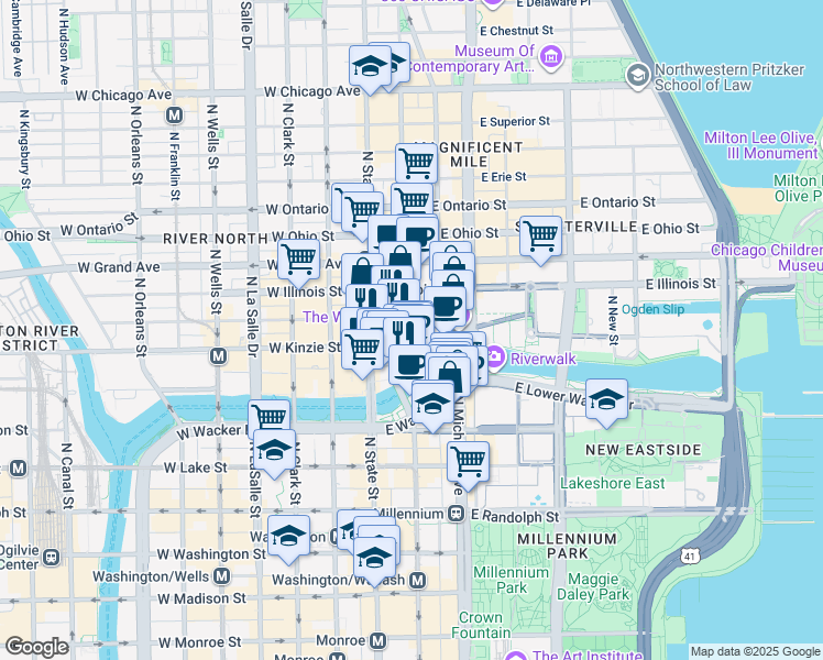 map of restaurants, bars, coffee shops, grocery stores, and more near 403 North Wabash Avenue in Chicago