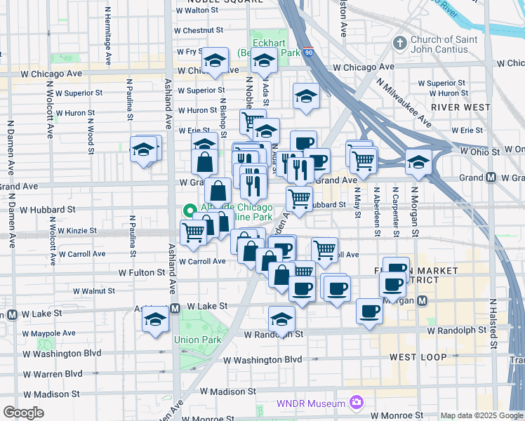 map of restaurants, bars, coffee shops, grocery stores, and more near 1369 West Hubbard Street in Chicago