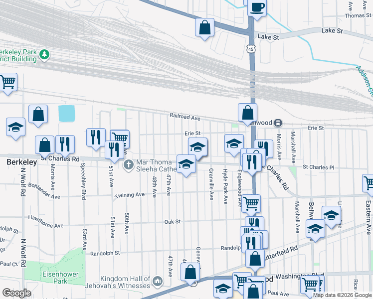 map of restaurants, bars, coffee shops, grocery stores, and more near in Bellwood