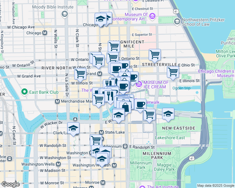 map of restaurants, bars, coffee shops, grocery stores, and more near 405 n Wabash Ave` in Chicago