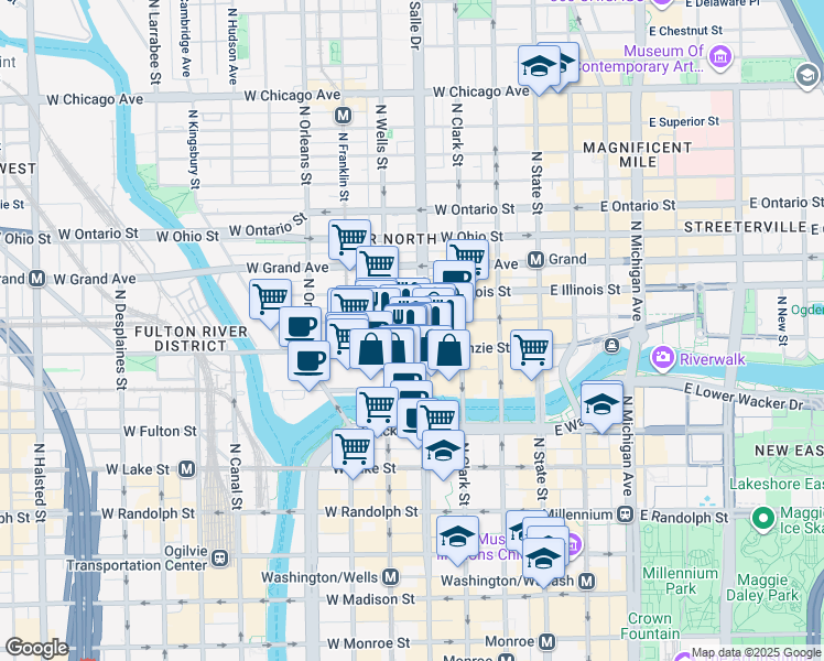 map of restaurants, bars, coffee shops, grocery stores, and more near 300 North La Salle Street in Chicago