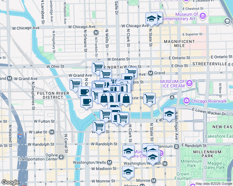 map of restaurants, bars, coffee shops, grocery stores, and more near 71 West Hubbard Street in Chicago