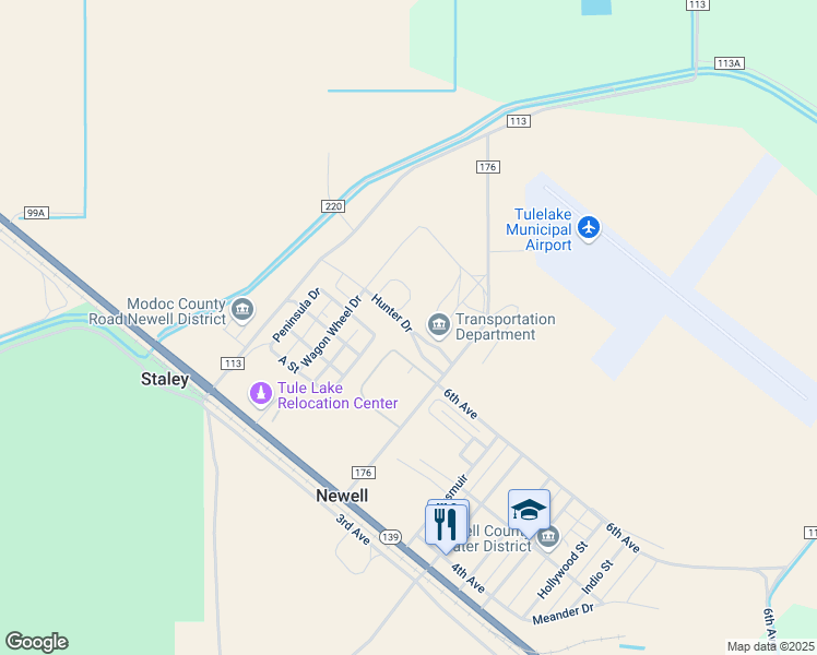 map of restaurants, bars, coffee shops, grocery stores, and more near Hunter Drive in Tulelake