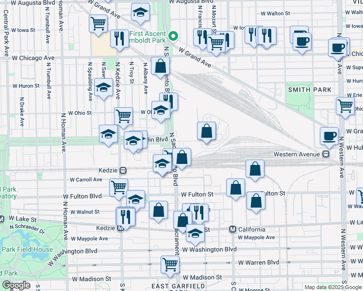 map of restaurants, bars, coffee shops, grocery stores, and more near 445 North Sacramento Boulevard in Chicago