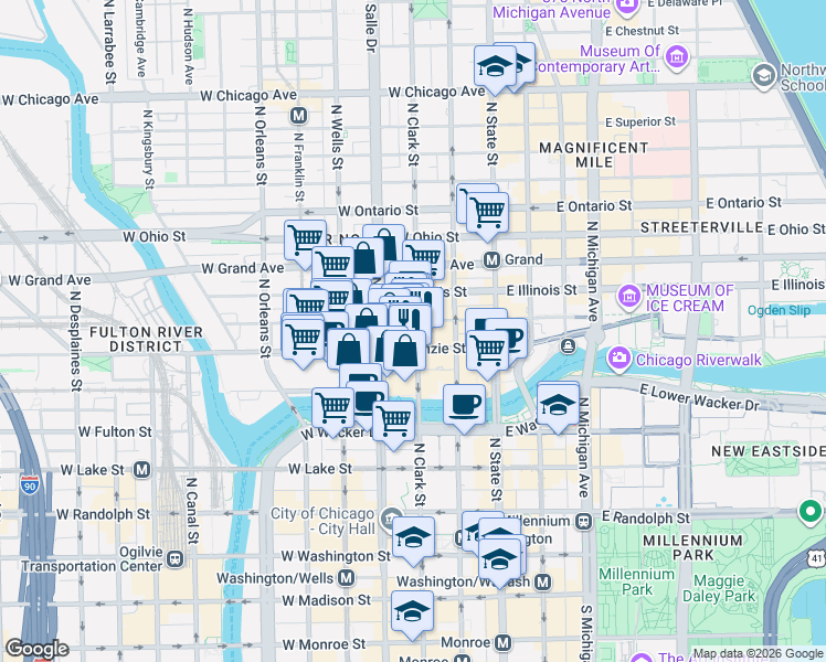 map of restaurants, bars, coffee shops, grocery stores, and more near 414 North Clark Street in Chicago
