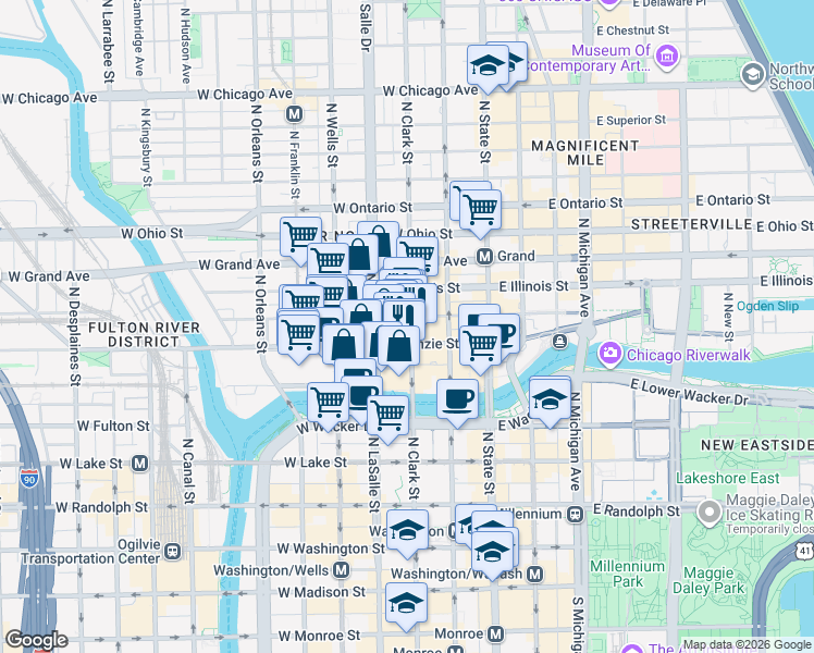 map of restaurants, bars, coffee shops, grocery stores, and more near 107 West Hubbard Street in Chicago