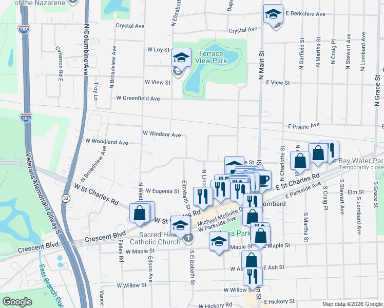 map of restaurants, bars, coffee shops, grocery stores, and more near 89 North Elizabeth Street in Lombard