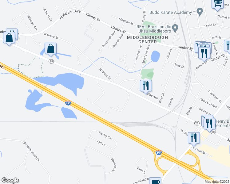 map of restaurants, bars, coffee shops, grocery stores, and more near 152 West Grove Street in Middleborough