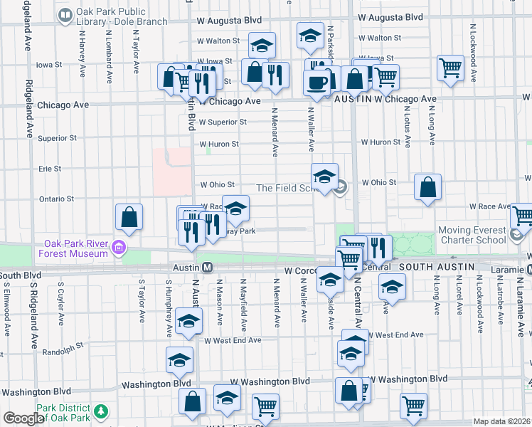 map of restaurants, bars, coffee shops, grocery stores, and more near 5821 West Midway Park in Chicago