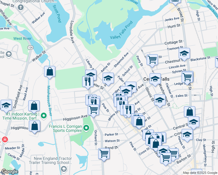 map of restaurants, bars, coffee shops, grocery stores, and more near 949 Dexter Street in Central Falls