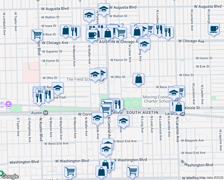 map of restaurants, bars, coffee shops, grocery stores, and more near 509 North Central Avenue in Chicago