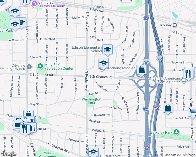map of restaurants, bars, coffee shops, grocery stores, and more near 332 Laurel Avenue in Elmhurst