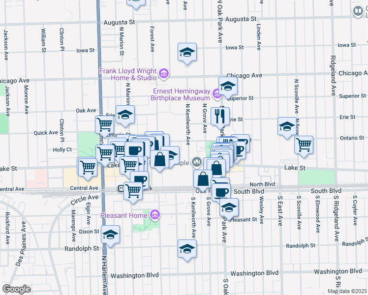 map of restaurants, bars, coffee shops, grocery stores, and more near 175 North Kenilworth Avenue in Oak Park