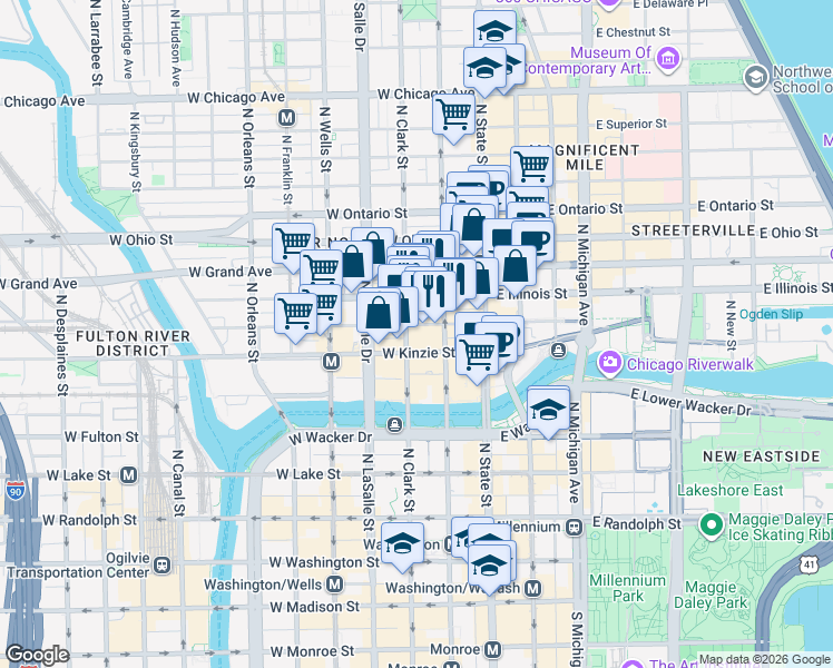 map of restaurants, bars, coffee shops, grocery stores, and more near 71 West Hubbard Street in Chicago