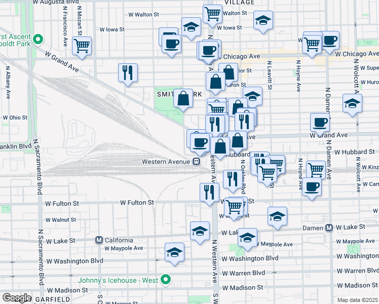 map of restaurants, bars, coffee shops, grocery stores, and more near 466 North Artesian Avenue in Chicago
