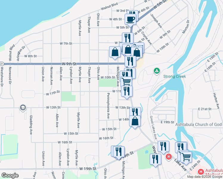 map of restaurants, bars, coffee shops, grocery stores, and more near 1723 West 11th Street in Ashtabula