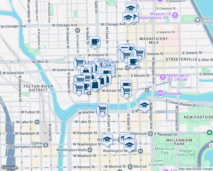 map of restaurants, bars, coffee shops, grocery stores, and more near 111 West Illinois Street in Chicago