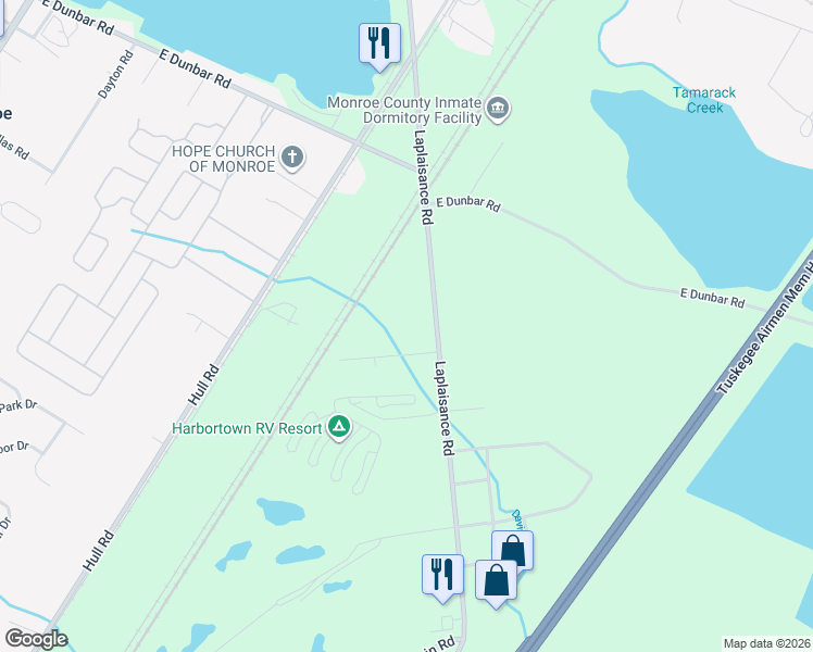 map of restaurants, bars, coffee shops, grocery stores, and more near 14931 Laplaisance Road in Monroe