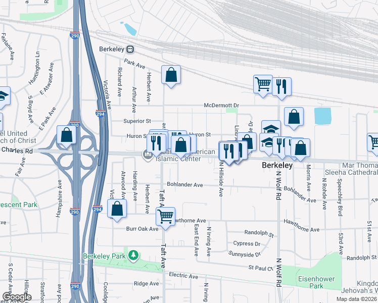 map of restaurants, bars, coffee shops, grocery stores, and more near 5700 Saint Charles Road in Berkeley