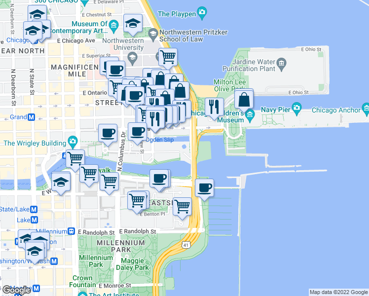 map of restaurants, bars, coffee shops, grocery stores, and more near 400 North Lake Shore Drive in Chicago