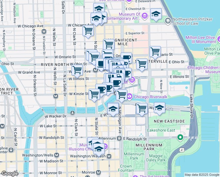 map of restaurants, bars, coffee shops, grocery stores, and more near 405 North Wabash Avenue in Chicago