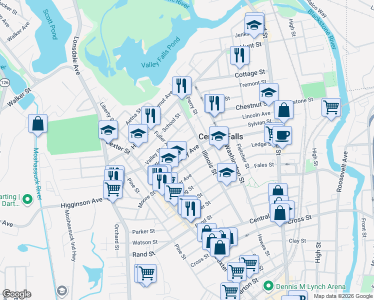map of restaurants, bars, coffee shops, grocery stores, and more near 25 Butler Avenue in Central Falls