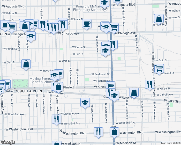 map of restaurants, bars, coffee shops, grocery stores, and more near 4948 West Race Avenue in Chicago