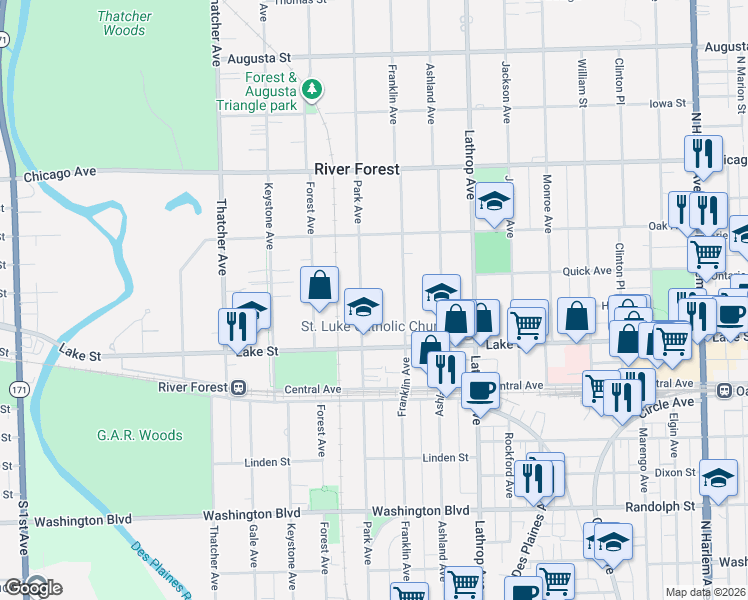 map of restaurants, bars, coffee shops, grocery stores, and more near 601 Park Avenue in River Forest