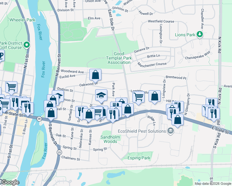 map of restaurants, bars, coffee shops, grocery stores, and more near 411 Park Avenue in Geneva