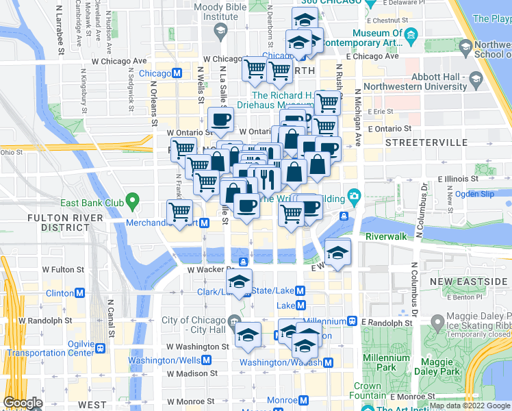 map of restaurants, bars, coffee shops, grocery stores, and more near 55 West Illinois Street in Chicago