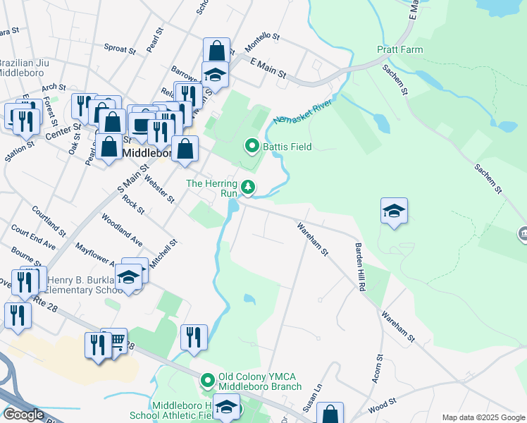 map of restaurants, bars, coffee shops, grocery stores, and more near 47 Wareham Street in Middleborough