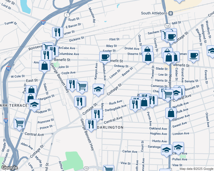 map of restaurants, bars, coffee shops, grocery stores, and more near 264 Mendon Avenue in Pawtucket