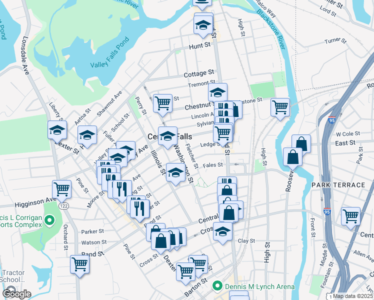 map of restaurants, bars, coffee shops, grocery stores, and more near in Central Falls
