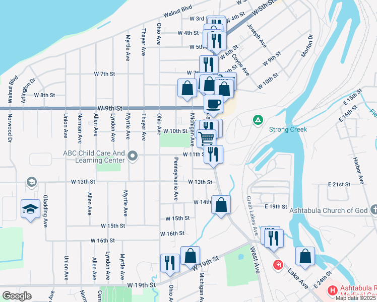 map of restaurants, bars, coffee shops, grocery stores, and more near 1020 Michigan Avenue in Ashtabula