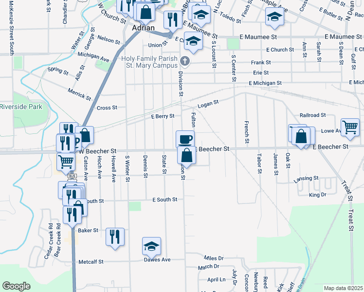map of restaurants, bars, coffee shops, grocery stores, and more near 640 Division Street in Adrian