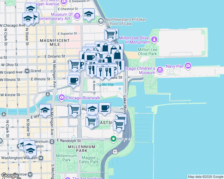map of restaurants, bars, coffee shops, grocery stores, and more near 465 North McClurg Court in Chicago