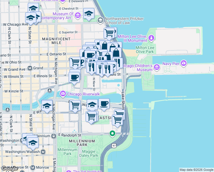 map of restaurants, bars, coffee shops, grocery stores, and more near 465 North McClurg Court in Chicago