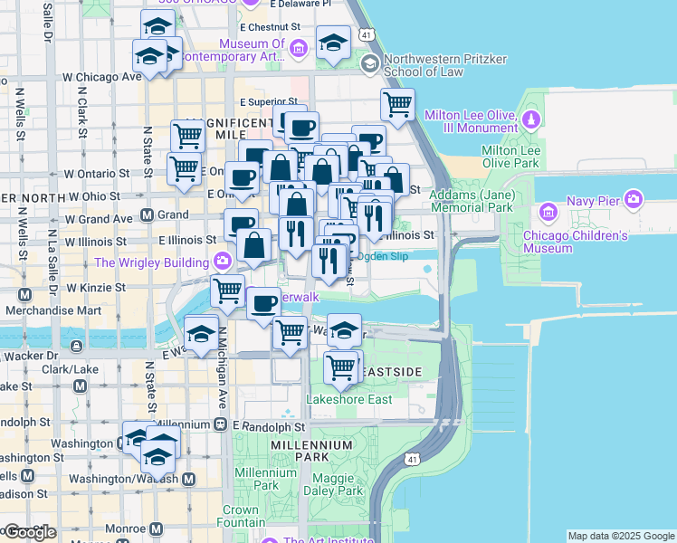 map of restaurants, bars, coffee shops, grocery stores, and more near 324 East Illinois Street in Chicago