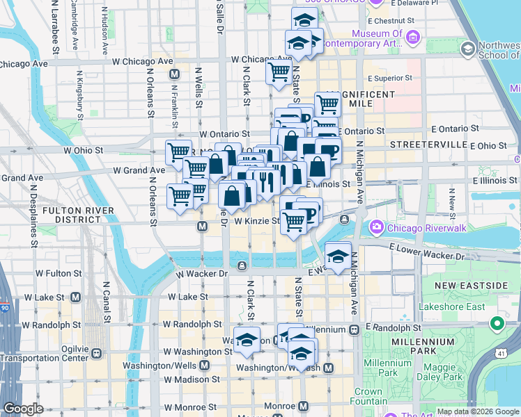 map of restaurants, bars, coffee shops, grocery stores, and more near 55 West Illinois Street in Chicago