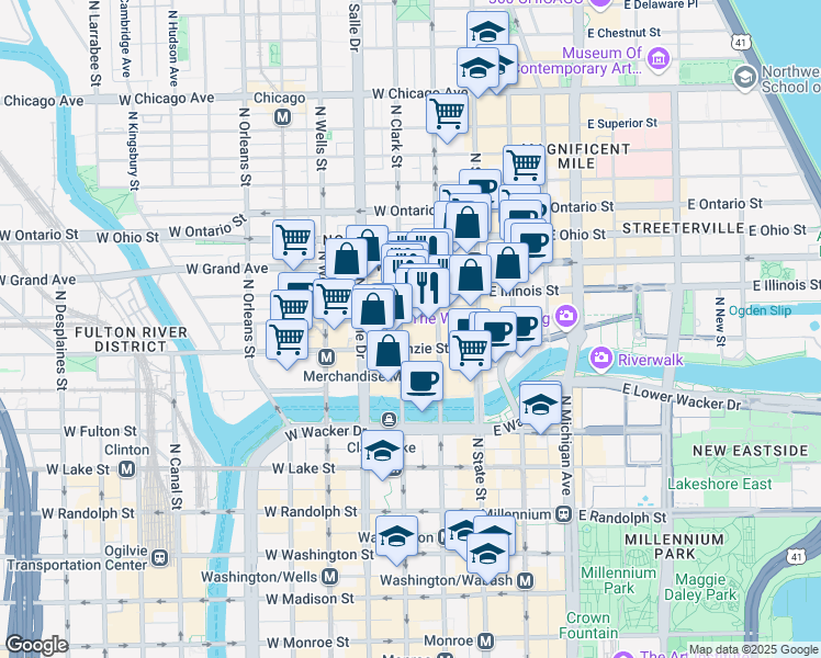 map of restaurants, bars, coffee shops, grocery stores, and more near 55 West Illinois Street in Chicago