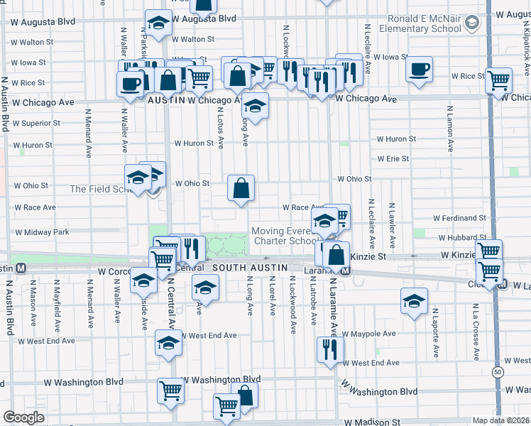 map of restaurants, bars, coffee shops, grocery stores, and more near 5325 West Ohio Street in Chicago