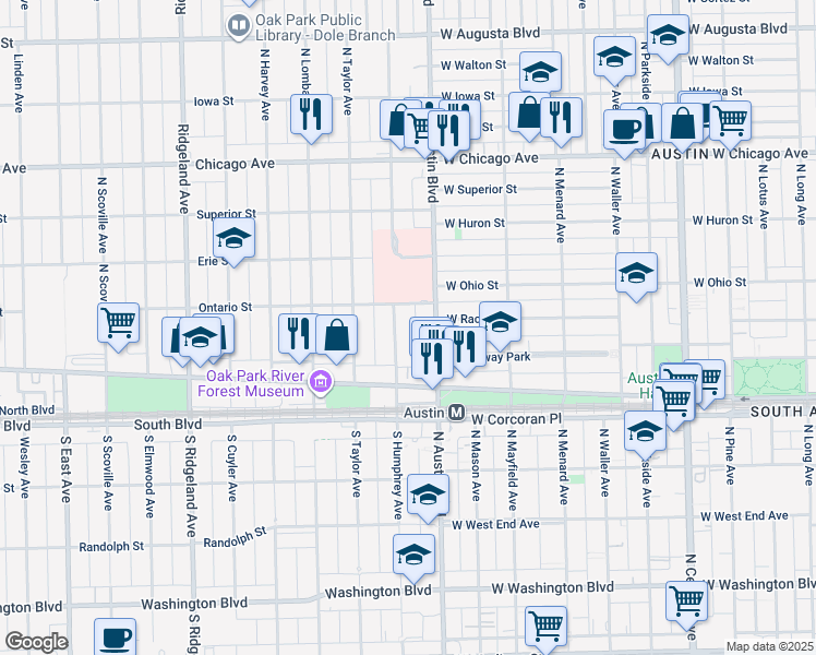 map of restaurants, bars, coffee shops, grocery stores, and more near 9 Ontario Street in Oak Park