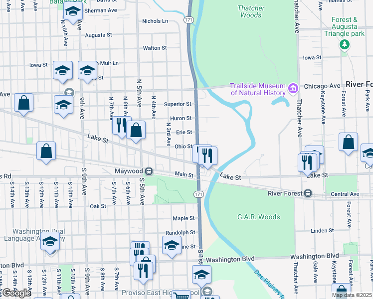 map of restaurants, bars, coffee shops, grocery stores, and more near 311 North 2nd Avenue in Maywood